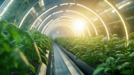 Futuristic greenhouse with advanced LED lighting and climate control systems, growing crops year-round with minimal environmental impact, representing the future of sustainable agriculture