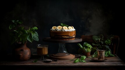 elegant top view of banoffee dessert in glass container