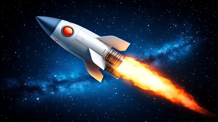 A cartoon rocket ship blasts off into a star filled galaxy sky