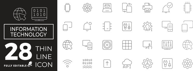 Information & technology Icon set of web and mobile in thin line style. IT Tech Icons & Symbols Containing network, website, technology progress, internet and more