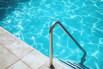 Sparkling blue pool water with a metal handrail