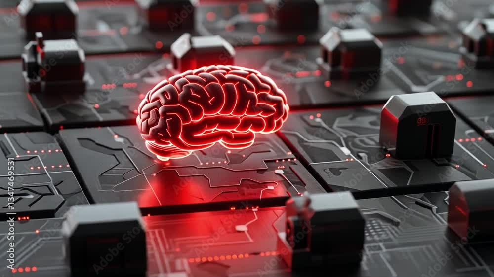 Poster glowing brain on circuit board fusion of technology, intelligence, and futuristic design with red il