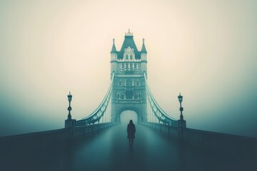 Mysterious figure walking alone on Tower Bridge shrouded in fog during early morning