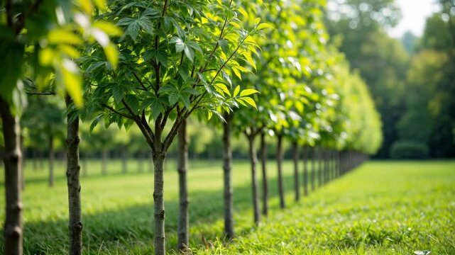 Vibrant young fruit trees in an outdoor garden, lush green foliage, uniform deep green grass, soft warm sunlight, symmetrical rows, light brown bark, serene and peaceful nature scene
