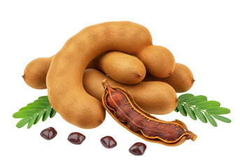 A group of tamarind pods with one pod cracked open isolated on transparent background