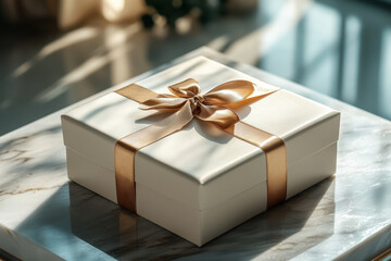 White gift box with gold ribbon on marble table.