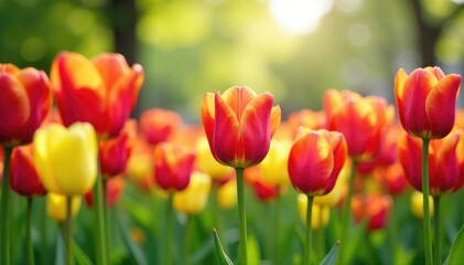 Obraz premium Colorful tulips sway gently in the spring breeze, colorful, spring