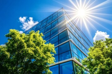 Sunlight illuminating a sleek glass office against a clear blue sky.