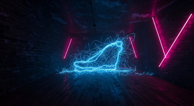 Futuristic Neon Shoe Light Painting in Dark Brick Room Digital Art - Powered by Adobe