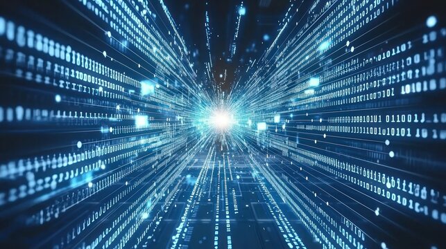 Stream of binary code converging, glowing. Data highway. Abstract