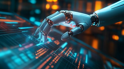 a robotic hand interacting with a futuristic, glowing digital interface