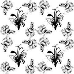 Beautiful pattern tile with floral motifs illustrated in fine outlines suitable for wallpapers, prints. textiles, backgrounds