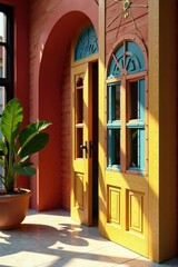 Estructuras en madera tallada con motivos geom?tricos, alfombrillas, decoracion