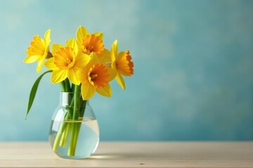 Glass container with narcissus flowers and a few leaves, stem, morning