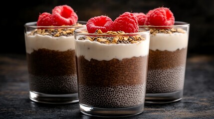 fruit chia pudding parfait in a transparent glass