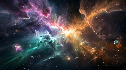 Vibrant Nebula With Colors Of Blue Orange Purple And Green Illuminated Center Against Dark Background