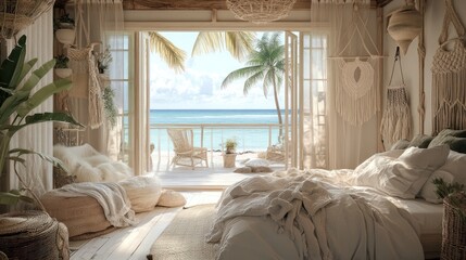 Beachfront bedroom with ocean views.  Bohemian style, natural light, comfortable bed and relaxing ambiance