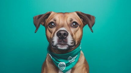 Obraz premium National Pet Day, Adorable Brown Dog with Teal Bandana Posing Against Teal Background