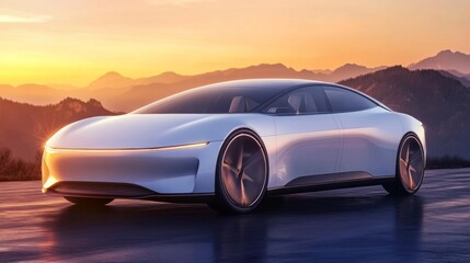 Obraz premium Futuristic Electric Car at Sunset Mountaintop
