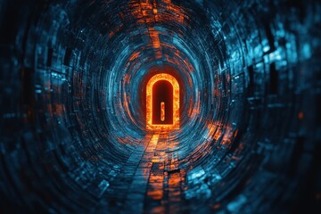 Obraz premium Bright portal glowing at the end of a futuristic tunnel in deep blue lighting