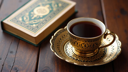 ornate tea cup with saucer and a book on a wooden table