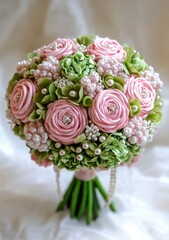 Obraz premium Elegant Wedding Bouquet with Pink Roses and Green Hydrangeas Decoration