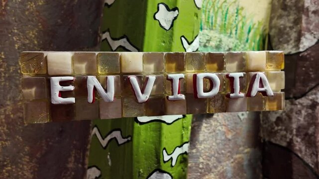 A sign that says Envidia is on a wall. The sign is made of glass and has a green background