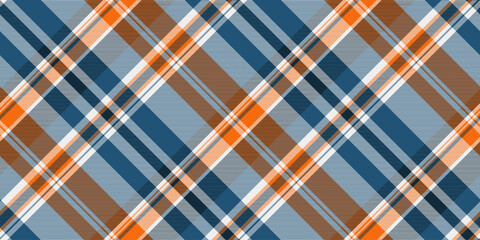 Vibrant diagonal plaid pattern in cool blues, warm oranges, and subtle browns.  Perfect for textile design, fashion, or web backgrounds.