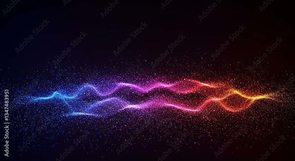 Poster shimmering colorful particle waves flowing gradient on dark background abstract cosmic motion graphi