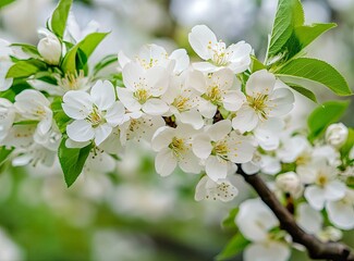 Obraz premium Blooming White Spring Blossoms on Tree Branch in Gentle Sunlight