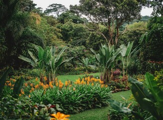 Exploring a Lush Tropical Garden with Banana Trees and Orange Flowers