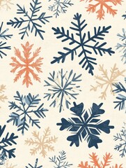 Winter Snowflake Pattern - A charming pattern featuring various blue, orange, and beige snowflakes on a cream background. Perfect for winter-themed projects