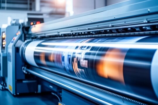 The digital inkjet printer is actively engaged in a large-scale printing operation.