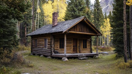 Secluded log cabin nestled deep within a vibrant autumn forest landscape