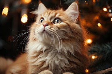 A fluffy orange cat with bright blue eyes sits comfortably, gazing at sparkling holiday lights. The warm atmosphere reflects a festive, cozy indoor space