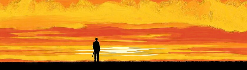 Obraz premium Silhouette of a man watching the sunset over the hills with orange clouds behind him