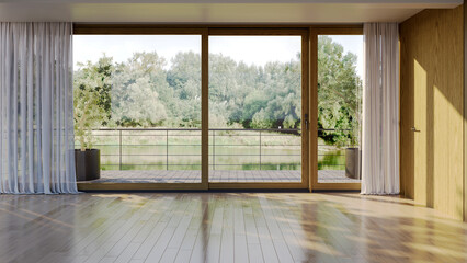 Large luxury modern bright interiors Living room mockup illustration 3D rendering image