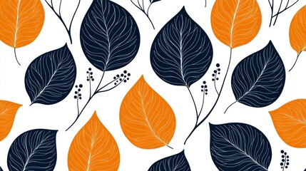 Obraz premium Elegant Autumn Leaves Seamless Pattern: Dark Blue and Orange Foliage Design