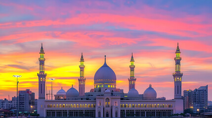 Fototapeta premium Majestic Mosque Silhouetted Against A Vibrant Sunset Sky With Architectural Towers And Glowing Dome