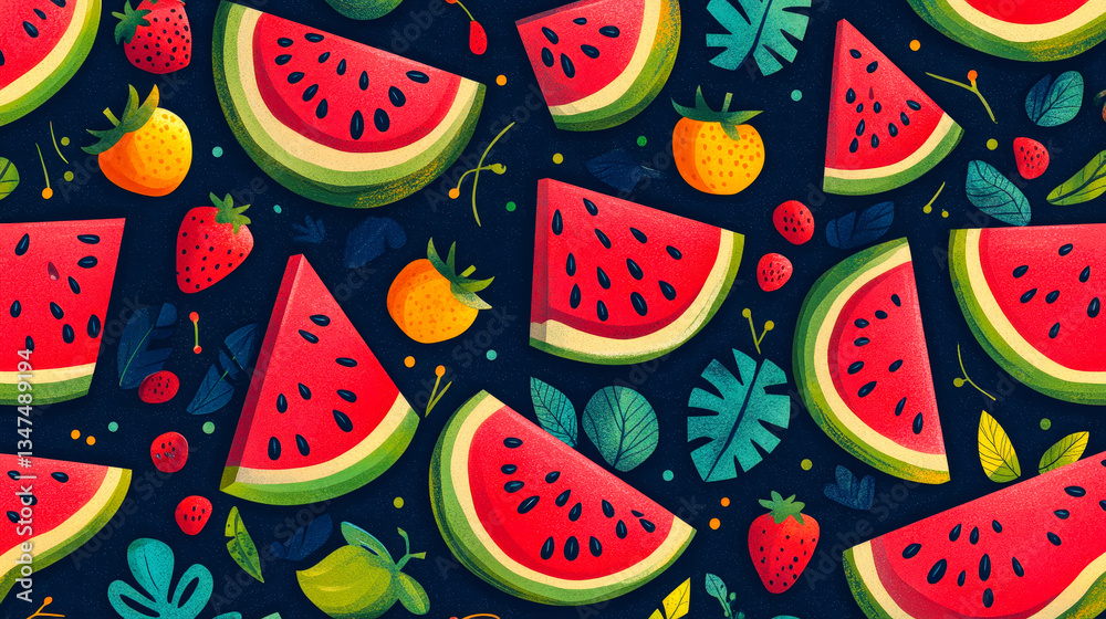 Aufkleber The design features an array of watermelon slices, strawberries, and lush green leaves arranged in a lively pattern, set against a deep, dark background