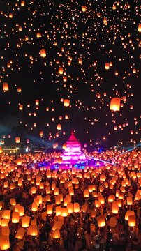 4K, Floating lantern YeePeng Firework Festival or Yi Peng Lantern in Chiangmai, Chiang Mai festival and Loy Kratong Festival in Thailand