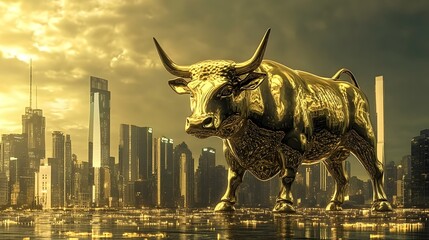 a golden bull statue symbolizing financial strength, growth, and market prosperity, set against a cityscape