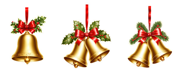  Golden Christmas Bells with Holly and Red Ribbons Isolated on White Background