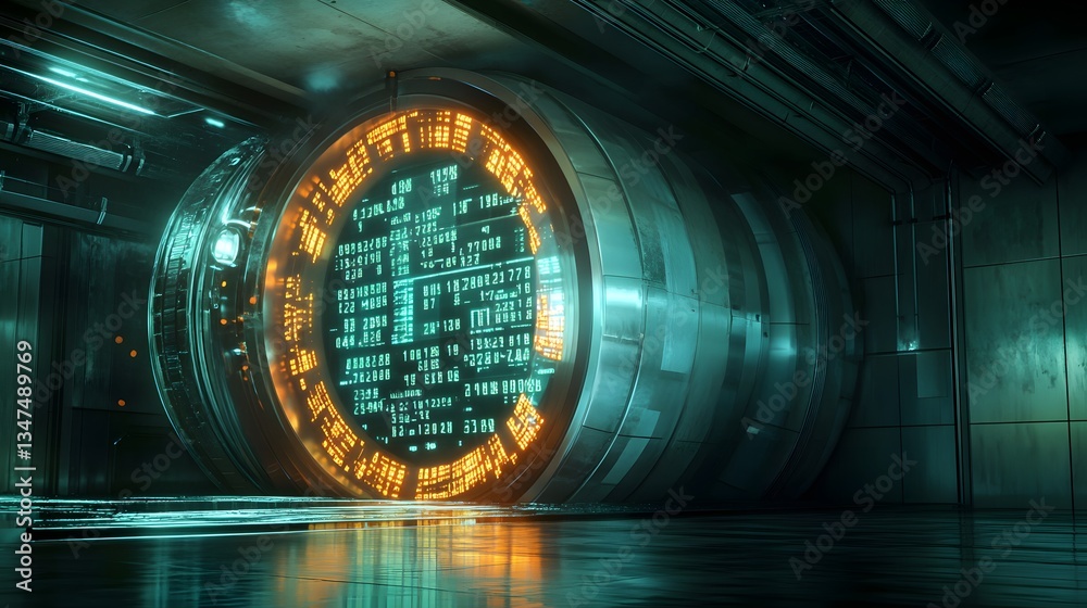 Poster a futuristic portal in an abstract sci-fi environment with a complex display