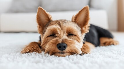 National Pet Day, Adorable Yorkshire Terrier Puppy Sleeping Peacefully on Fluffy White Rug
