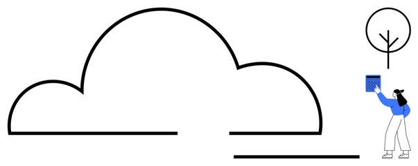 Person placing a book into a large cloud graphic next to a tree in a minimalist design. Ideal for technology, data storage, digital library, online learning, minimalism, cloud services, flat simple