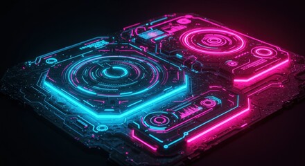 Neon glowing circular elements in pink and blue, resembling a futuristic technology interface.
