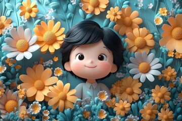 Cute child surrounded by colorful flowers with a joyful expression in a whimsical garden setting