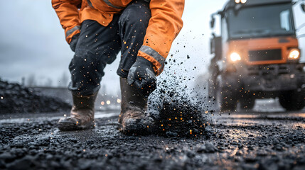 Construction Worker Repairing Asphalt Road