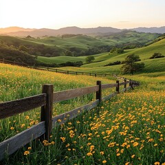 Fototapeta premium Rolling green hills with yellow wildflowers, rustic wooden fence under sunset sky, peaceful countryside spring meadow stretching to horizon. 